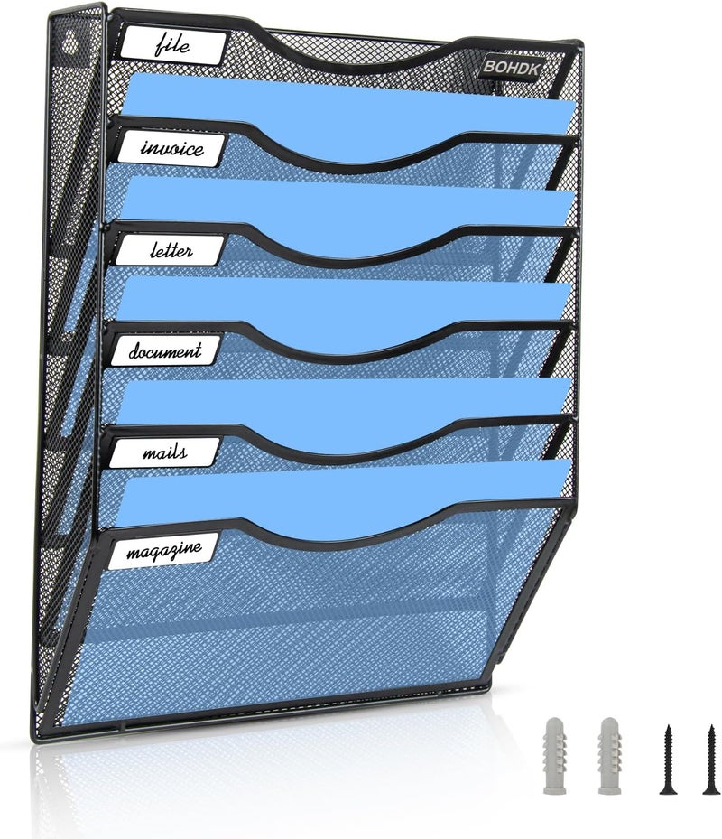 BOHDK Wall File Organizer, 6 Tier Hanging File Folder Mail Organizer, Vertical Mesh Metal Wall Mount Hanging File Holder, Paper Document Magazine Rack for Home Office Black - Image 2